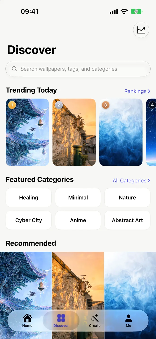 Discover tab with Trending Today, Featured Categories and Recommended wallpapers