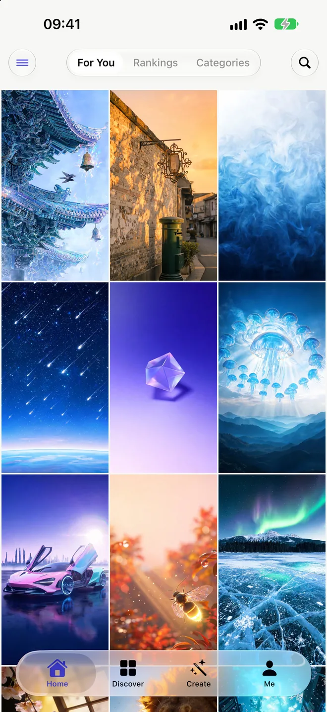 Feishi home screen: a three-column grid of wallpapers with For You, Rankings and Categories tabs